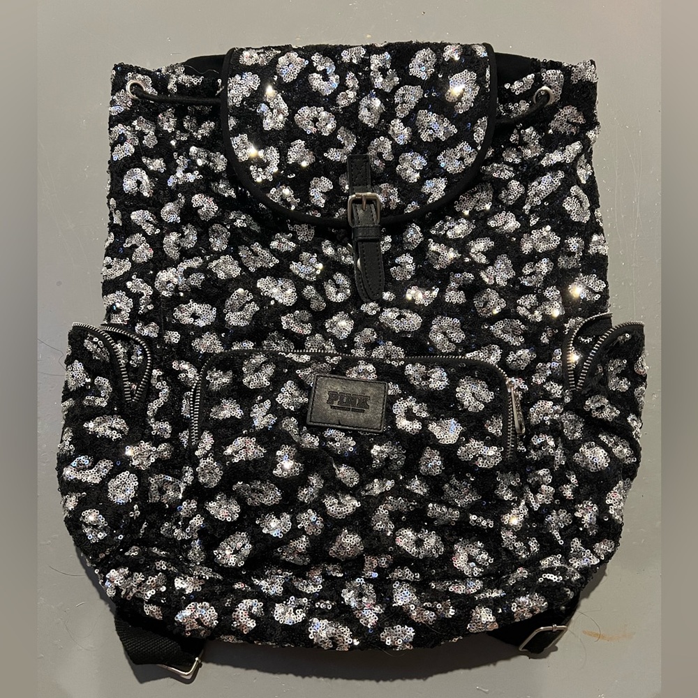 PINK black and silver leopard sequin backpack